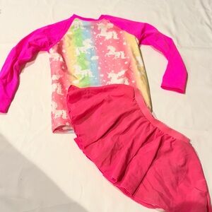 Girls' Unicorn Rainbow Rashguard Swim Set in Bright Pink